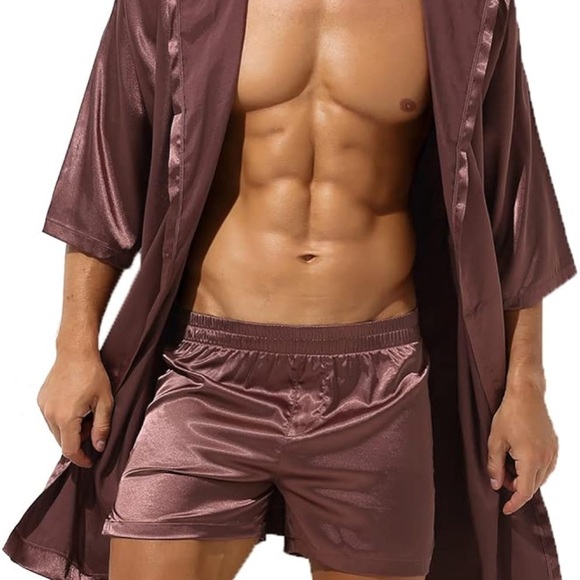 Men's Satin Hooded Robe - Brown - Picture 2 of 4